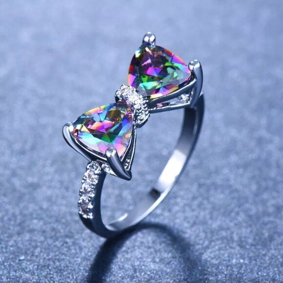NEW 925 Sterling Silver Mystic Topaz Diamond Ring Bow Ring - Picture 4 of 5